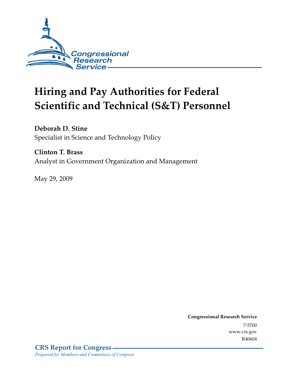 Hiring and Pay Authorities for Federal Scientific and Technical (S&T) Personnel