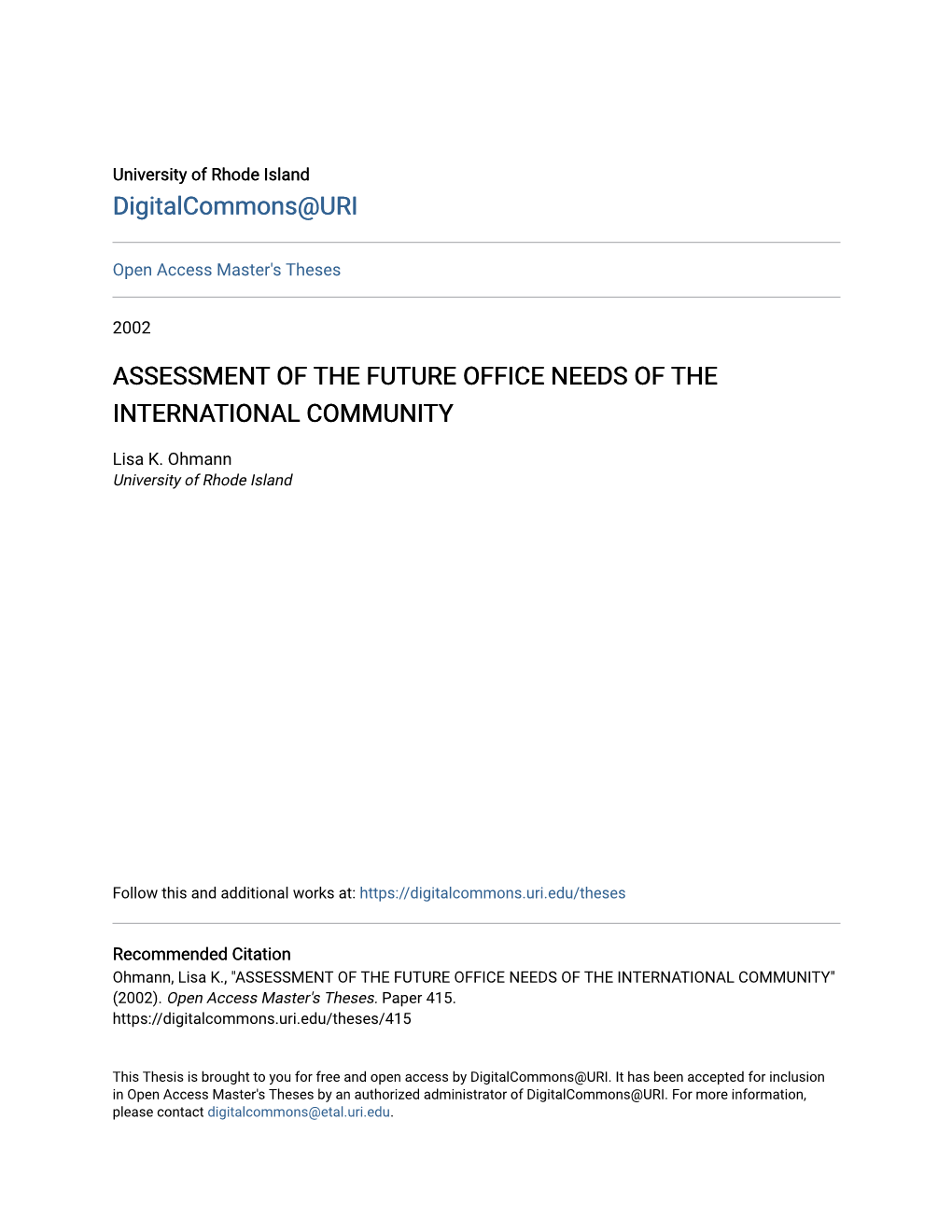 Assessment of the Future Office Needs of the International Community