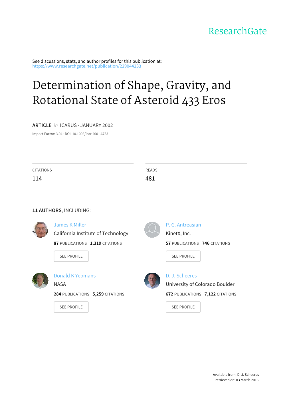 Determination of Shape, Gravity, and Rotational State of Asteroid 433 Eros