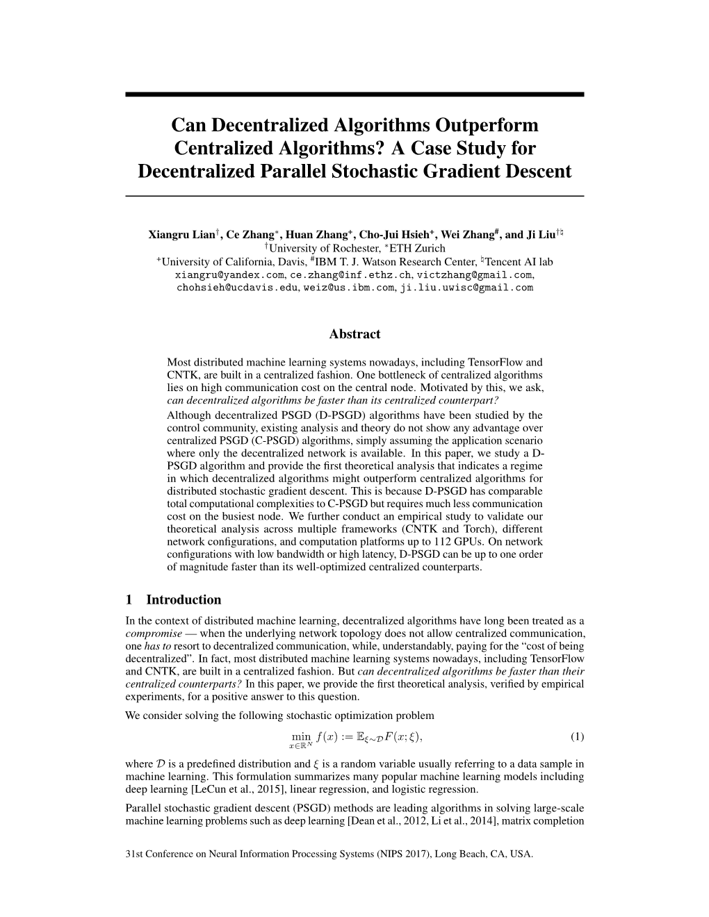 Can Decentralized Algorithms Outperform Centralized Algorithms? a Case Study for Decentralized Parallel Stochastic Gradient Descent