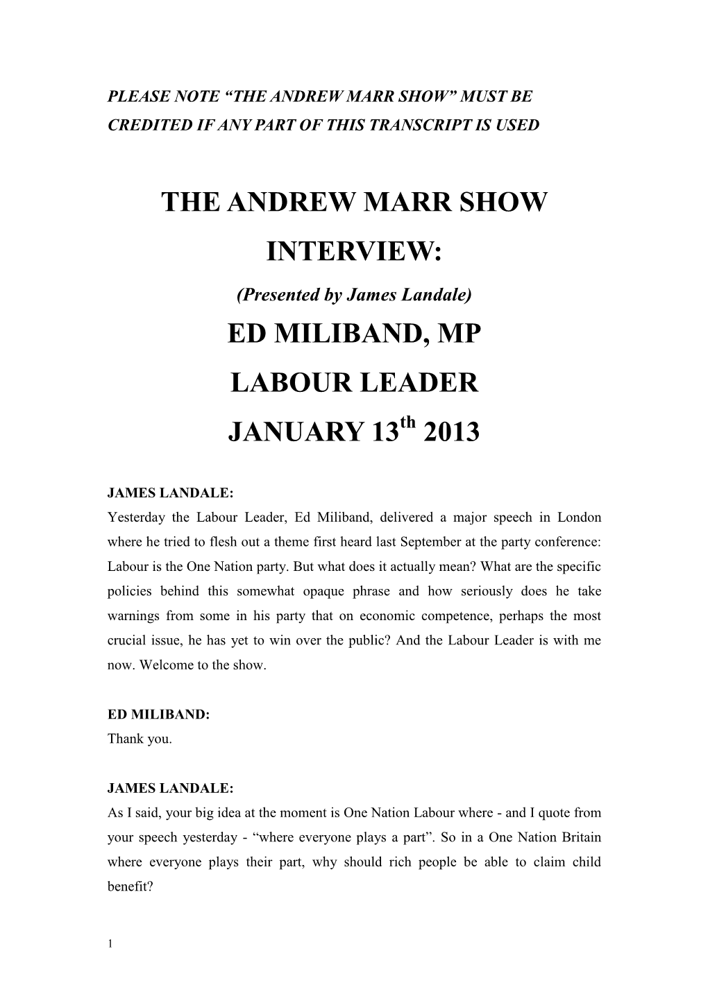 The Andrew Marr Show Interview: Ed Miliband, Mp