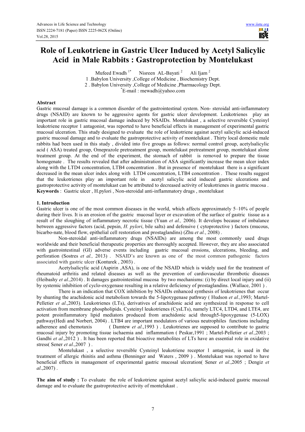 Role of Leukotriene in Gastric Ulcer Induced by Acetyl Salicylic Acid in Male Rabbits : Gastroprotection by Montelukast