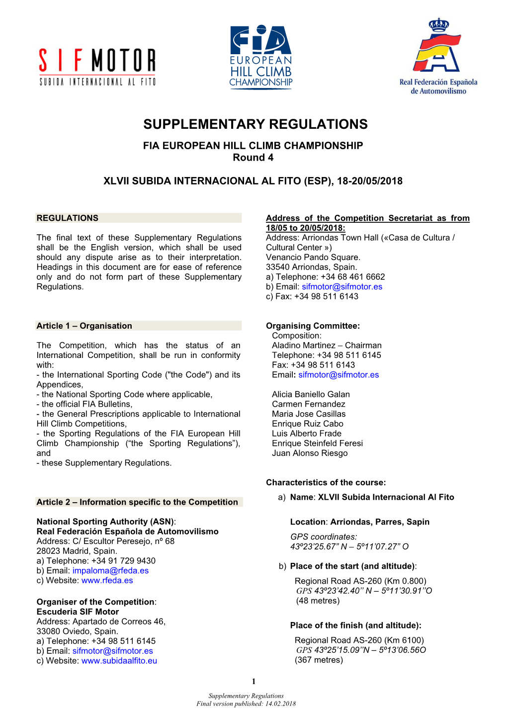 Supplementary Regulations (FIA EHC)