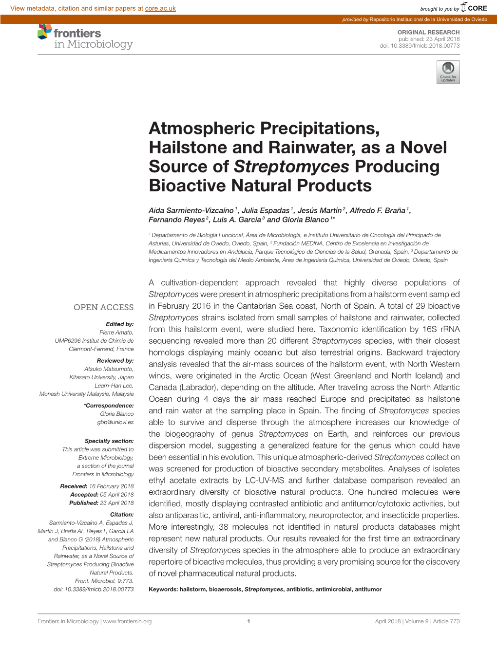 Atmospheric Precipitations, Hailstone and Rainwater, As a Novel Source of Streptomyces Producing Bioactive Natural Products
