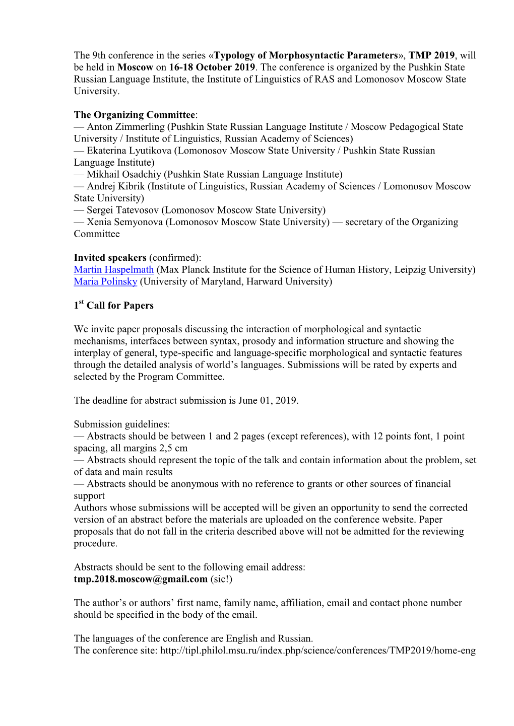 Full Title: Typology of Morphosyntactic Parameters 2019