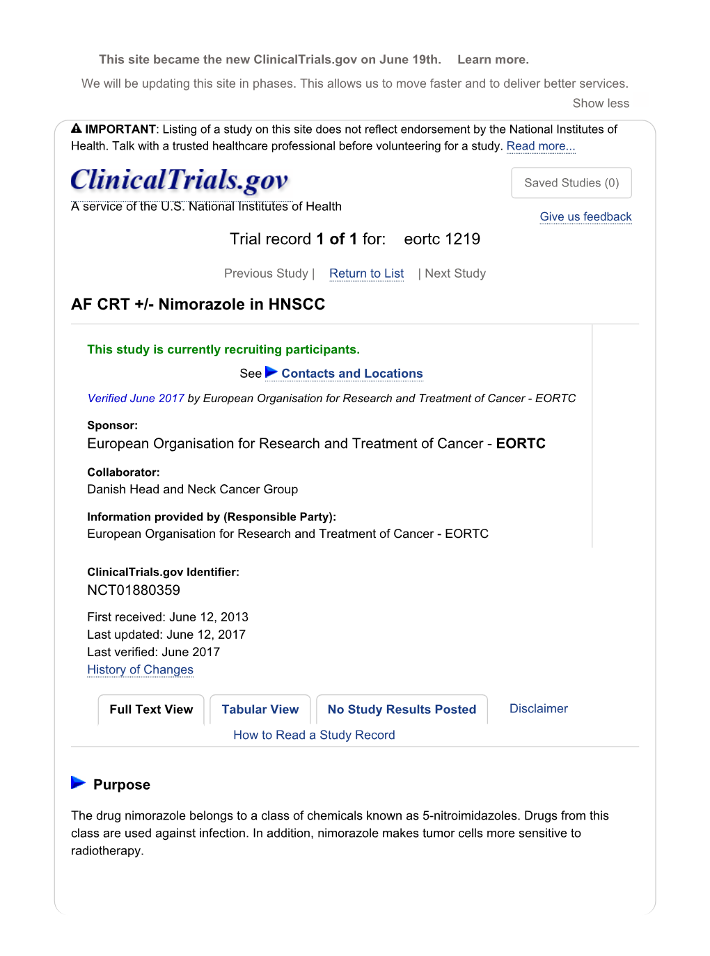 Trial Record 1 of 1 For: Eortc 1219 AF CRT +/- Nimorazole in HNSCC