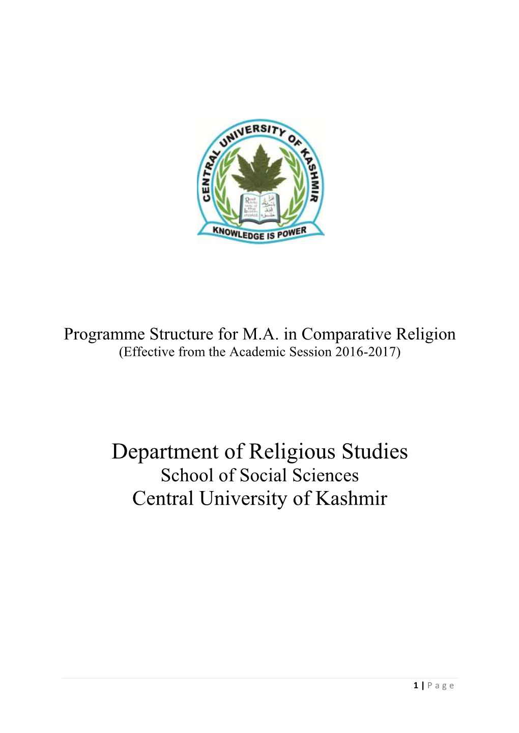 Department of Religious Studies School of Social Sciences Central University of Kashmir