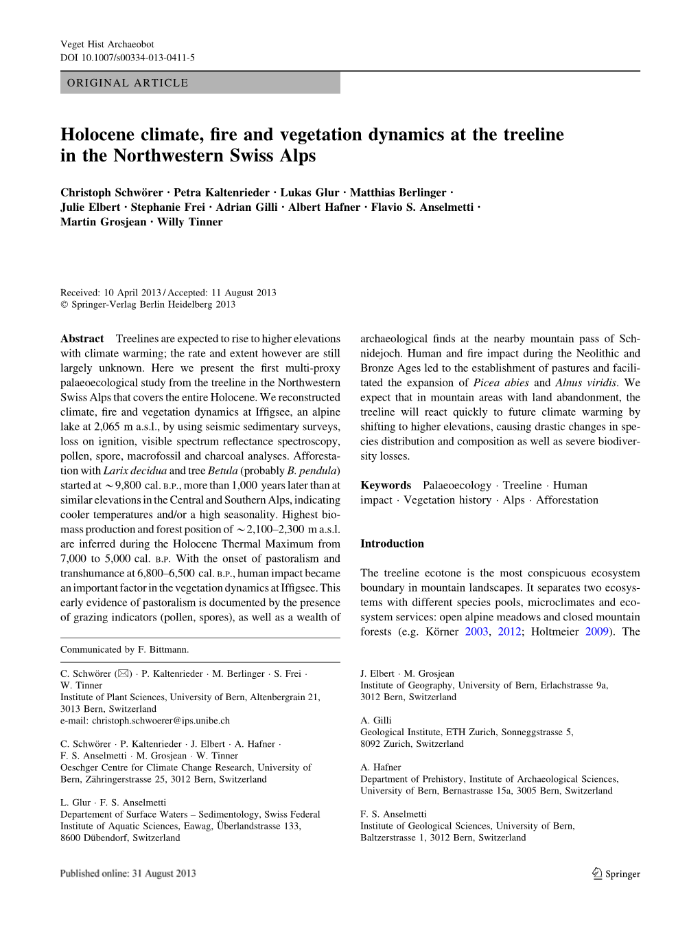 Holocene Climate, Fire and Vegetation Dynamics at the Treeline in the Northwestern Swiss Alps