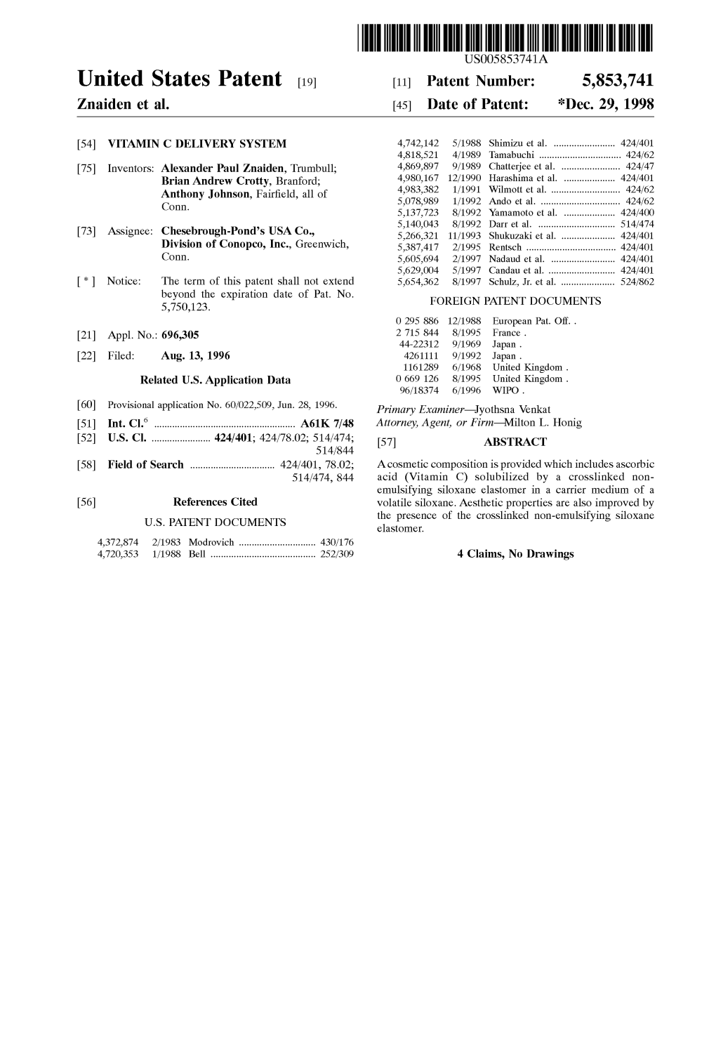 United States Patent (19) 11 Patent Number: 5,853,741 Znaiden Et Al