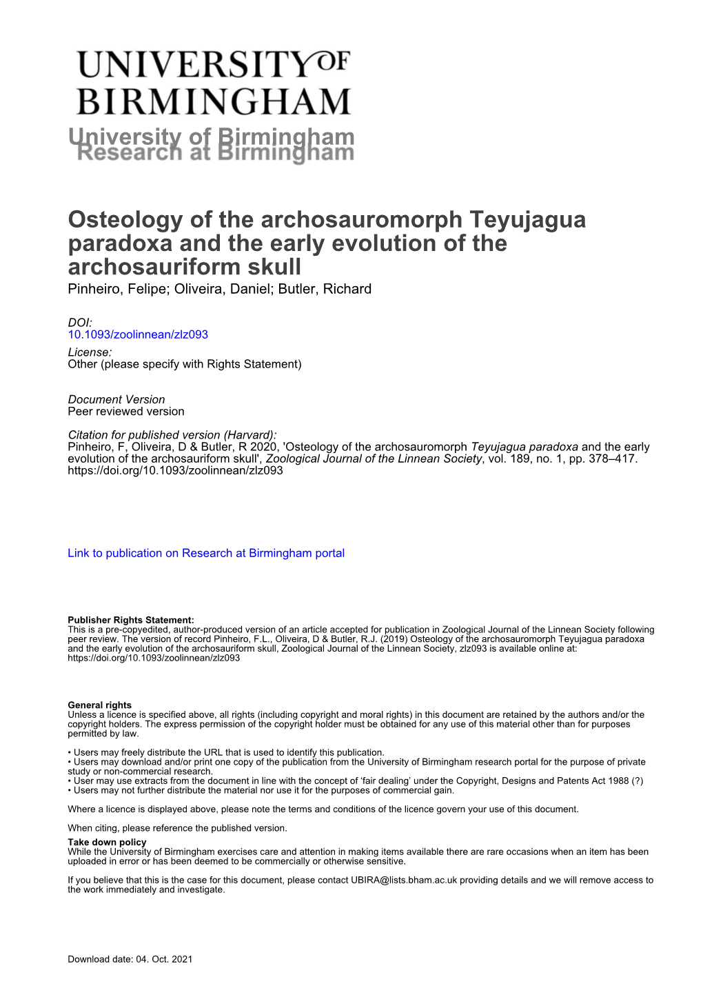 University of Birmingham Osteology of The