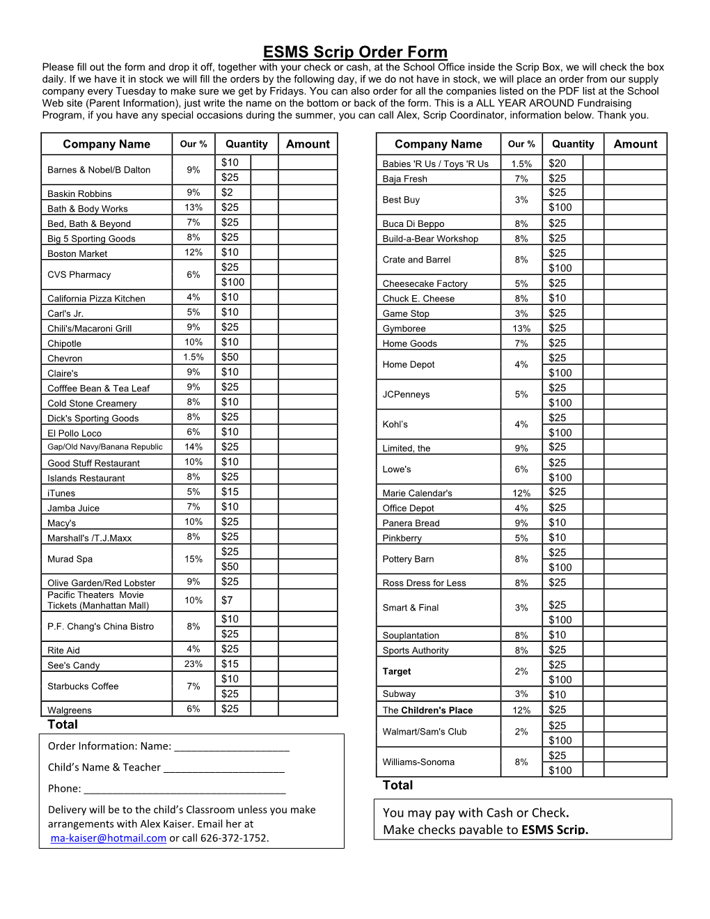 ESMS Scrip Order Form