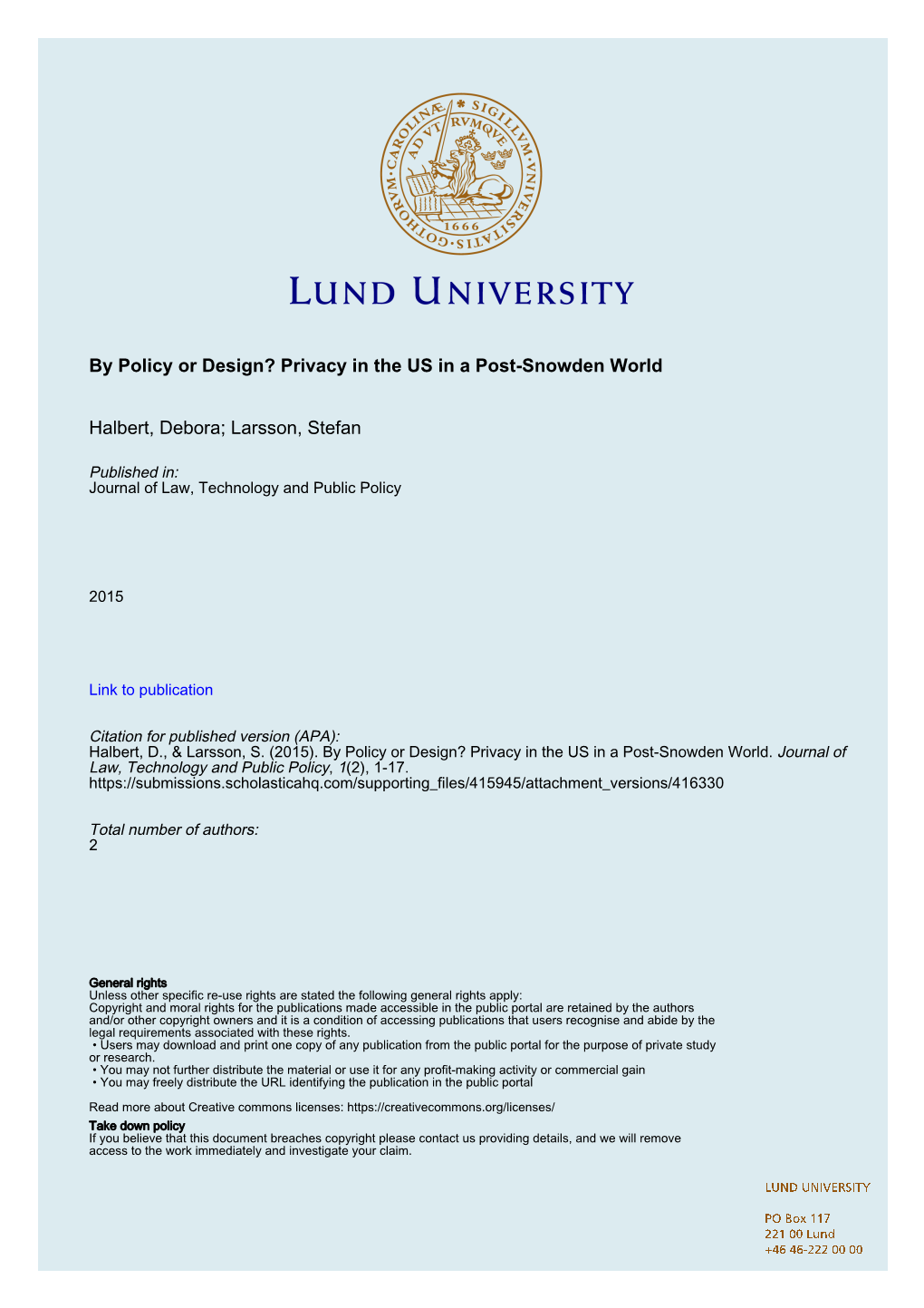 Privacy in the US in a Post-Snowden World Halbert, Debora