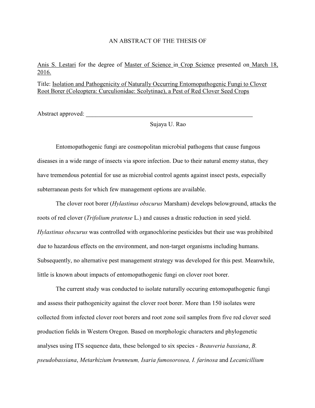 AN ABSTRACT of the THESIS of Anis S. Lestari for the Degree of Master of Science in Crop Science Presented on March 18, 2016. Ti