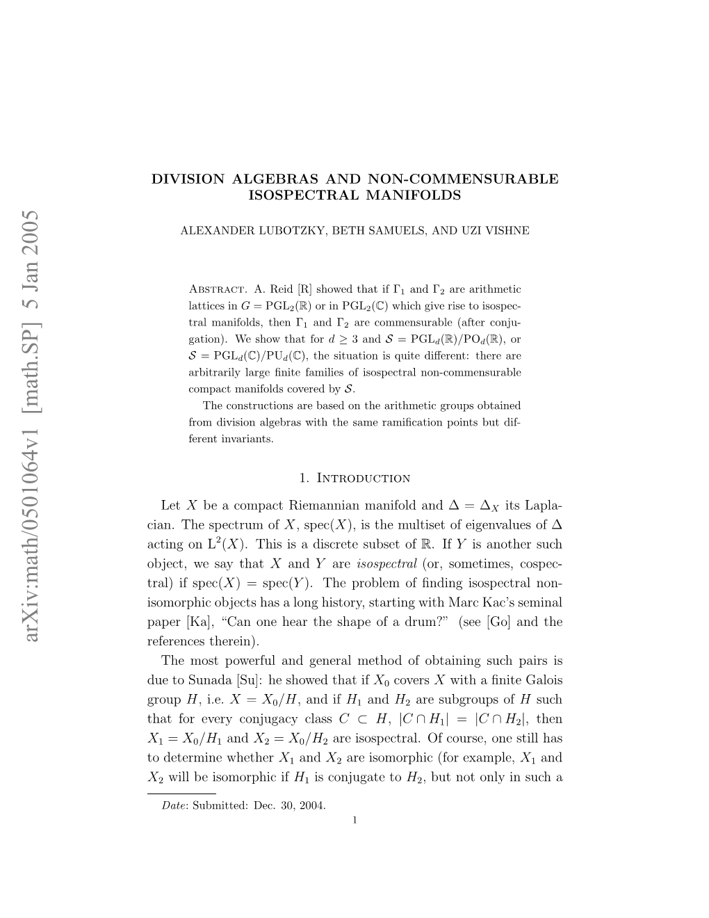 Arxiv:Math/0501064V1 [Math.SP] 5 Jan 2005 in H Pcrmof Spectrum the Cian