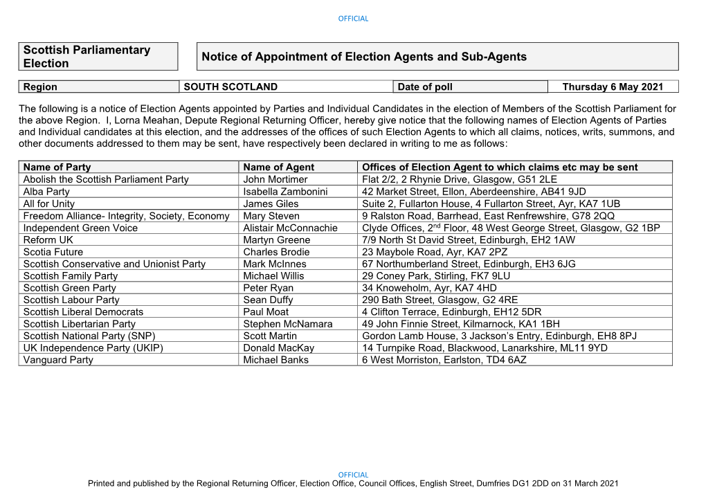 Scottish Parliamentary Election Notice of Appointment of Election Agents