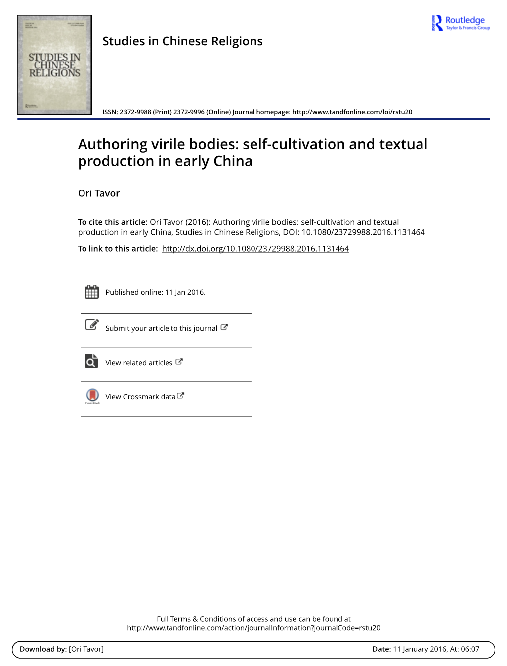 Authoring Virile Bodies: Self-Cultivation and Textual Production in Early China