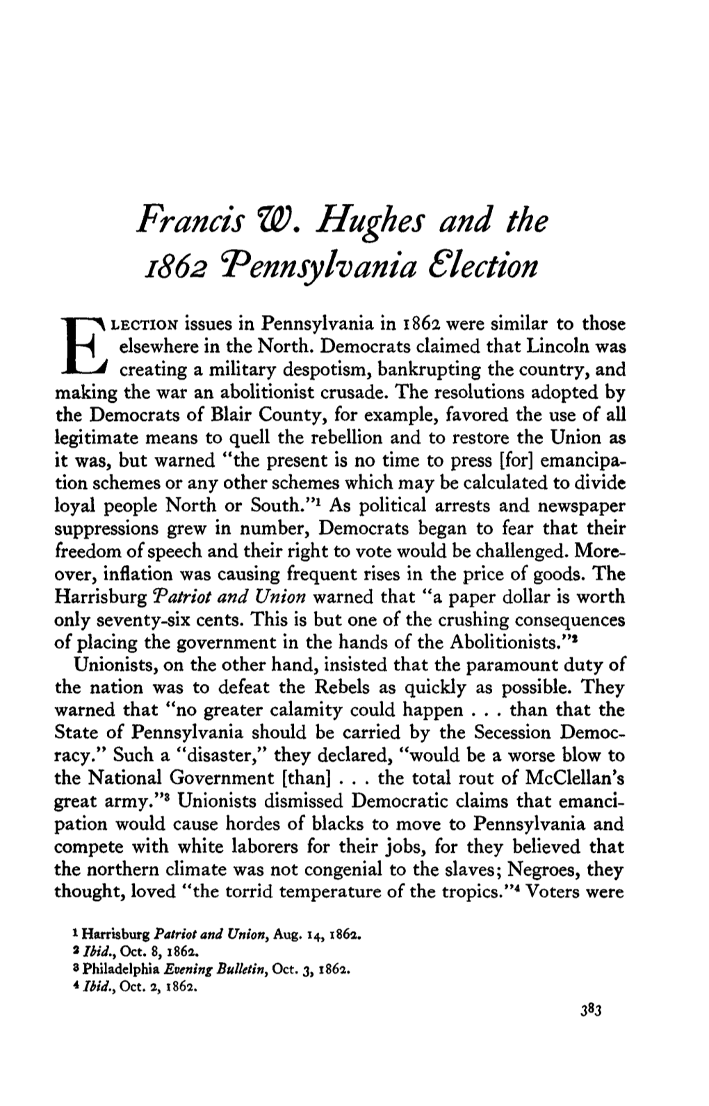 Francis W. Hughes and the 1862 Pennsylvania Election