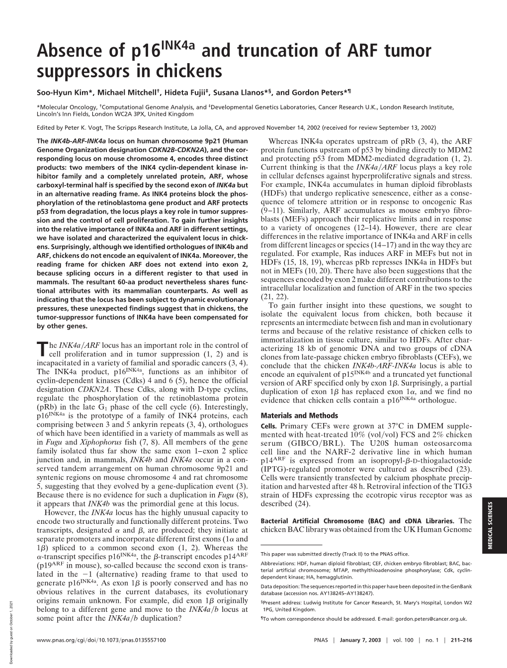 Absence of P16 and Truncation of ARF Tumor Suppressors in Chickens