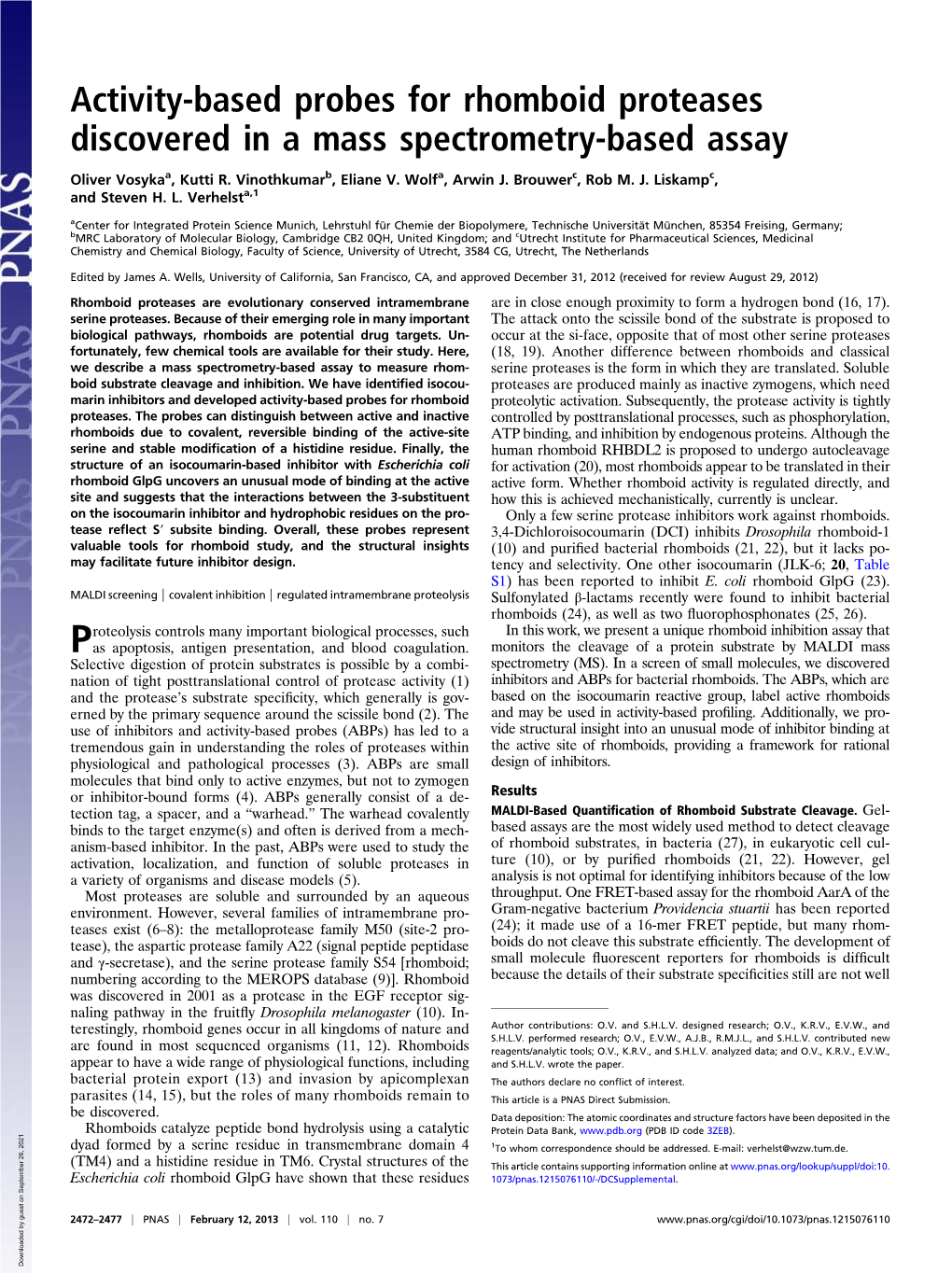 Activity-Based Probes for Rhomboid Proteases Discovered in a Mass Spectrometry-Based Assay