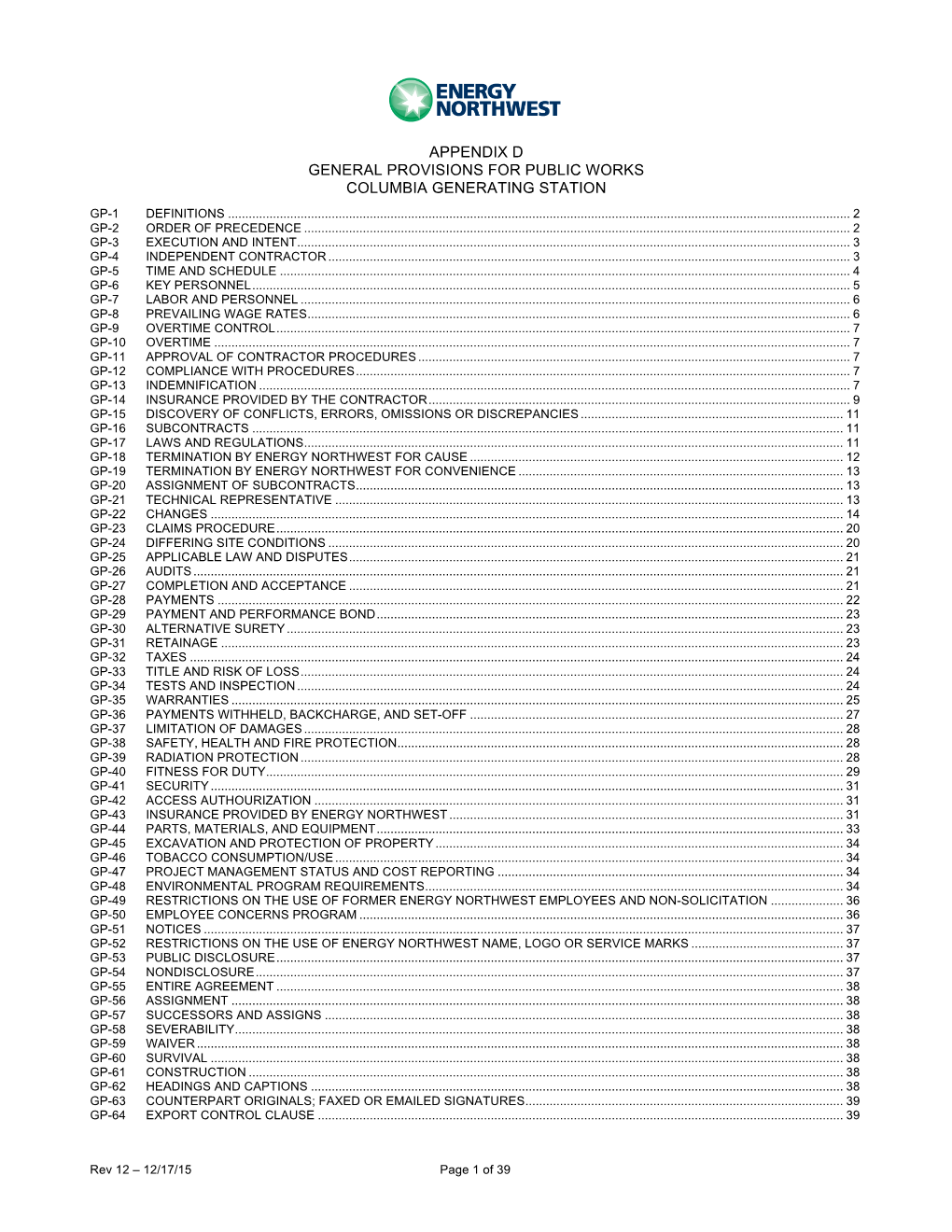 Appendix D General Provisions for Public Works Columbia Generating Station Gp-1 Definitions