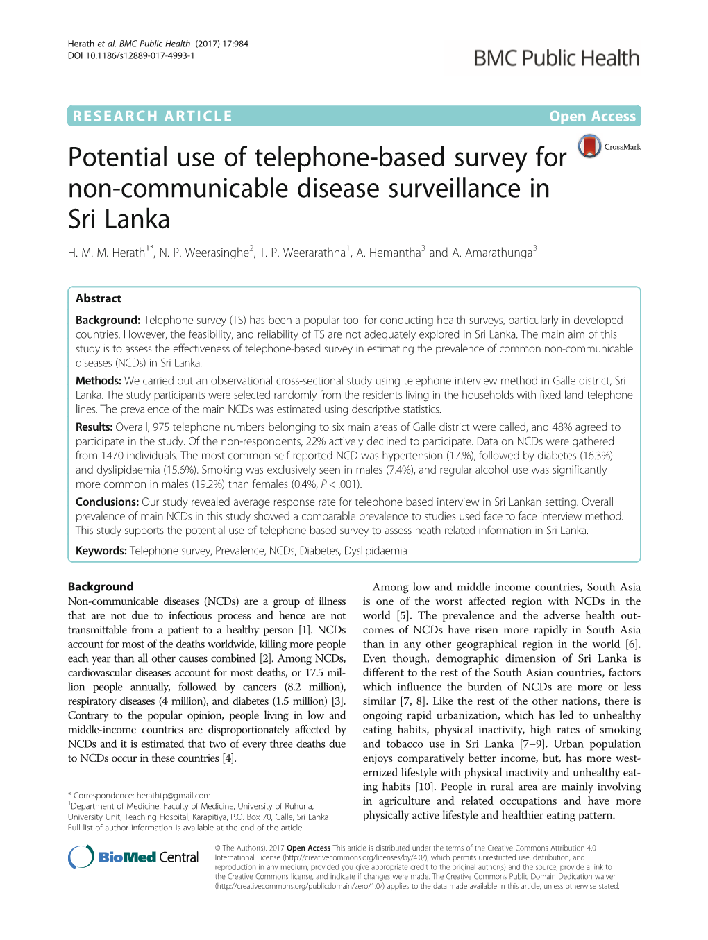 Potential Use of Telephone-Based Survey for Non-Communicable Disease Surveillance in Sri Lanka H