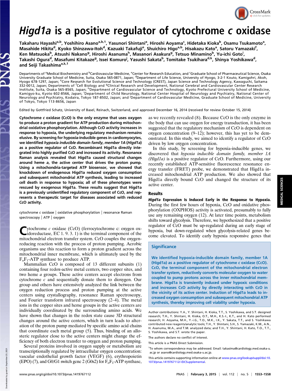 Higd1a Is a Positive Regulator of Cytochrome C Oxidase