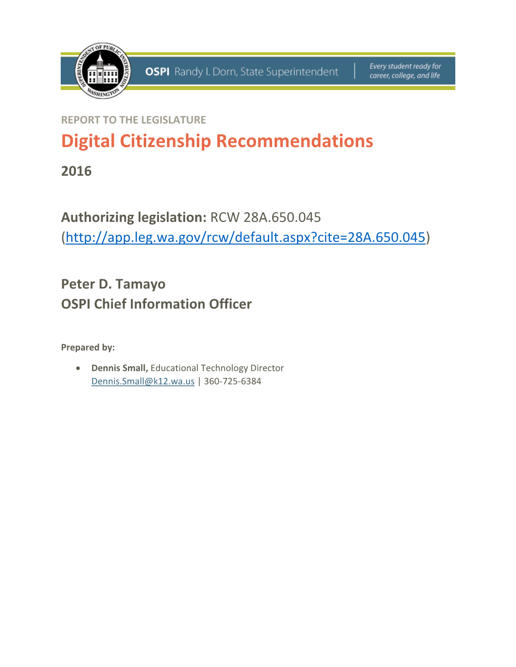 2016 Digital Citizenship Recommendations Report to Legislature
