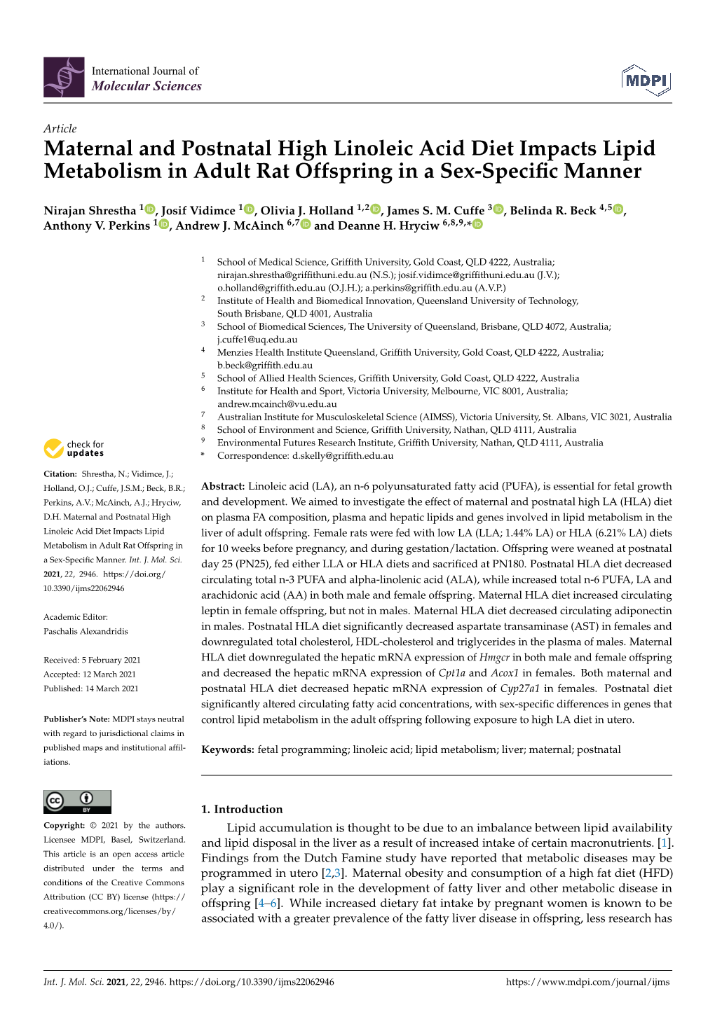 Maternal and Postnatal High Linoleic Acid Diet Impacts Lipid Metabolism in Adult Rat Offspring in a Sex-Speciﬁc Manner