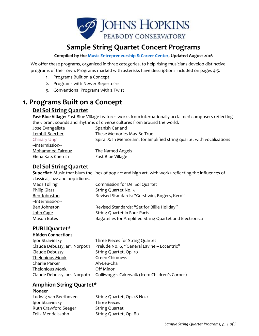 Sample String Quartet Concert Programs