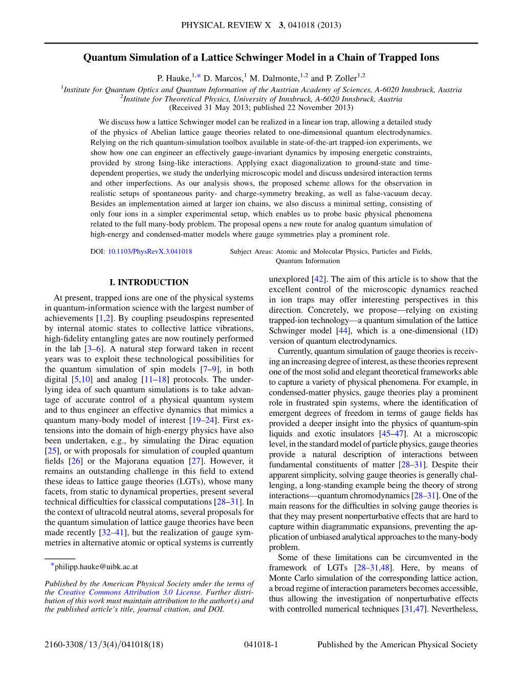 Quantum Simulation of a Lattice Schwinger Model in a Chain of Trapped Ions