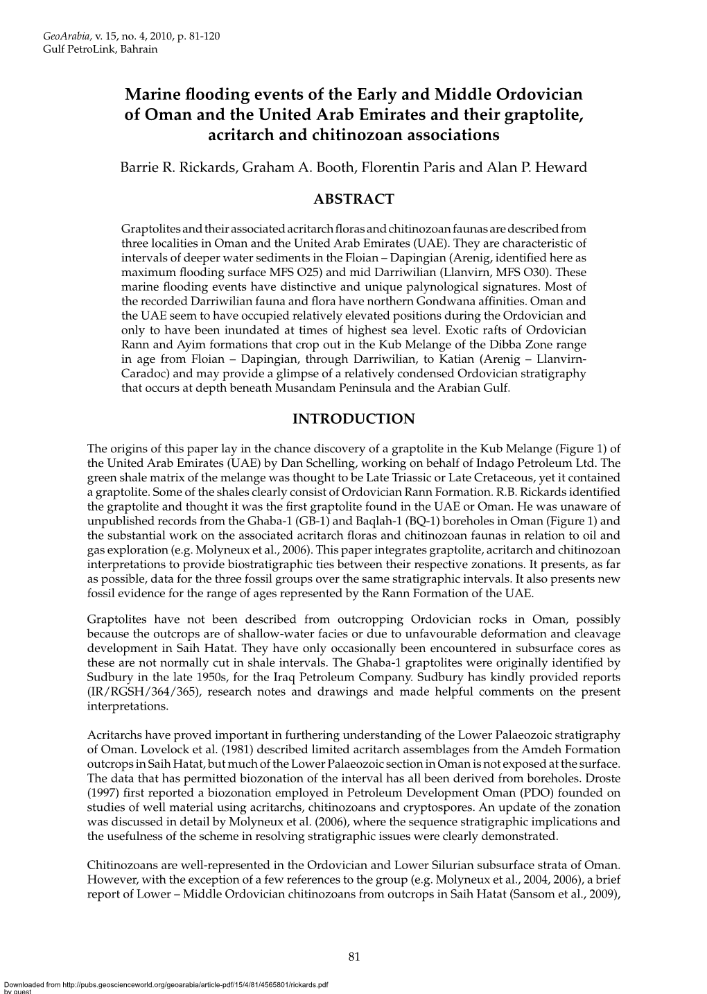 Marine Flooding Events of the Early and Middle Ordovician of Oman and the United Arab Emirates and Their Graptolite, Acritarch and Chitinozoan Associations