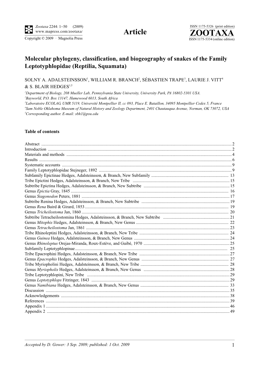 Zootaxa, Molecular Phylogeny, Classification, And