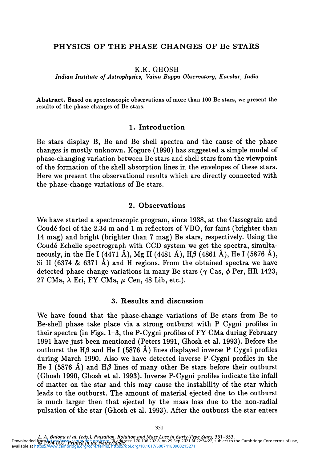 PHYSICS of the PHASE CHANGES of Be STARS K.K. GHOSH 1