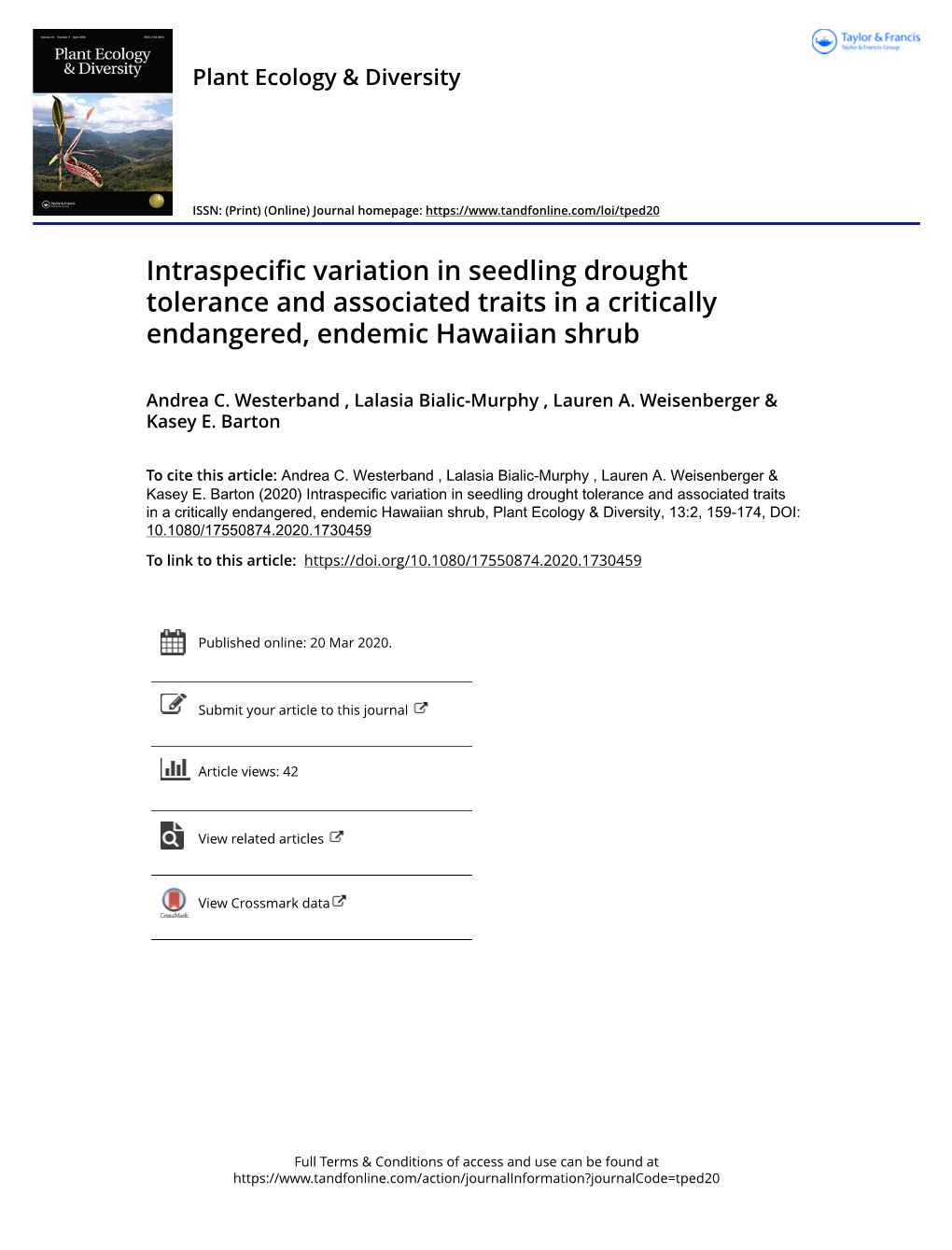 Intraspecific Variation in Seedling Drought Tolerance and Associated Traits in a Critically Endangered, Endemic Hawaiian Shrub