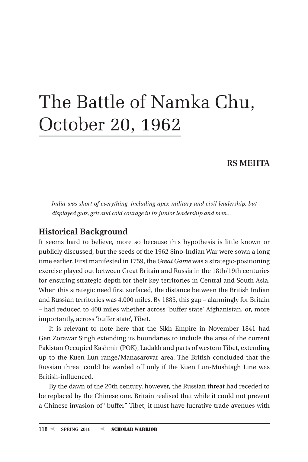 The Battle of Namka Chu, October 20, 1962