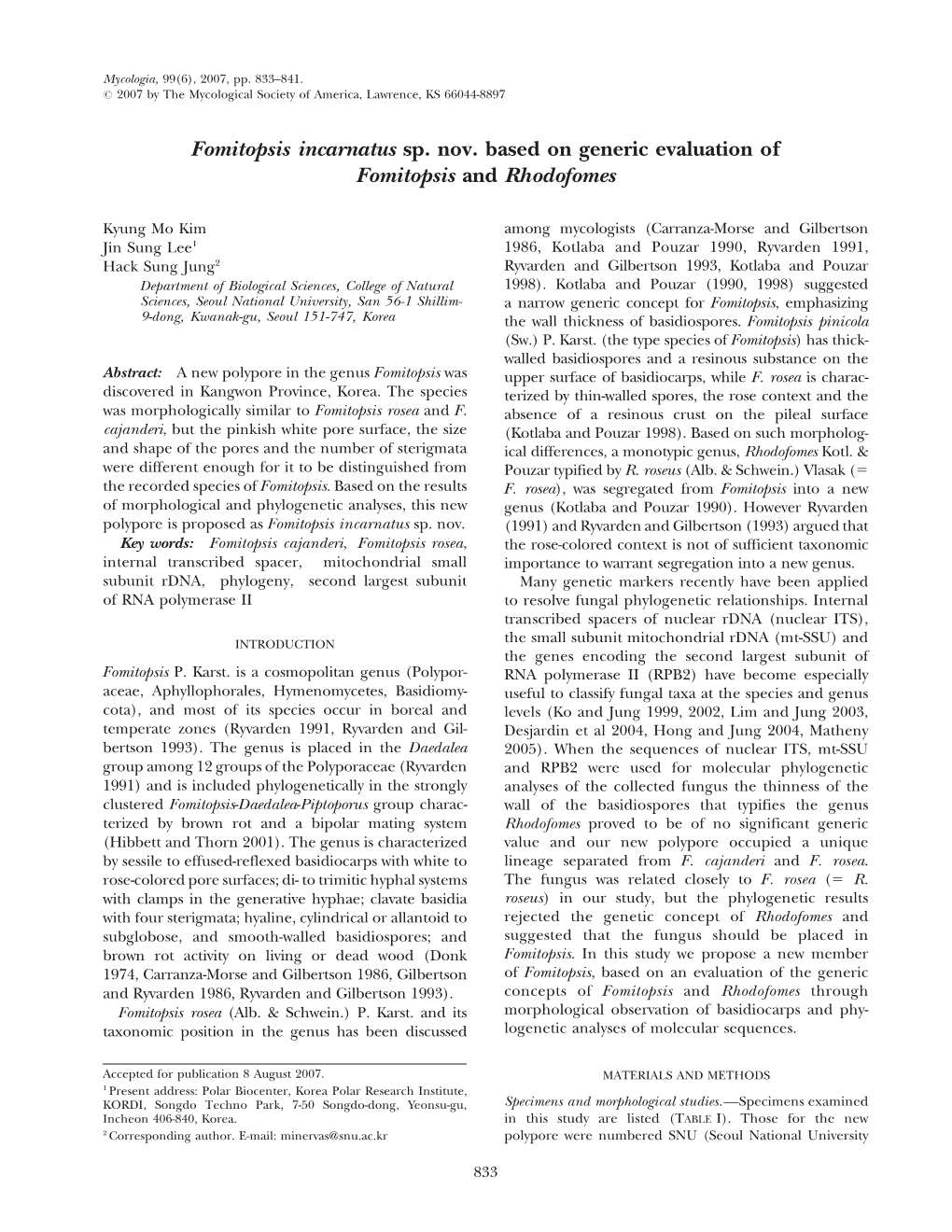 Fomitopsis Incarnatus Sp. Nov. Based on Generic Evaluation of Fomitopsis and Rhodofomes