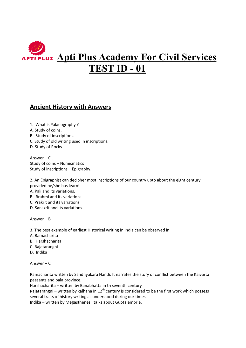 Apti Plus Academy for Civil Services TEST ID - 01