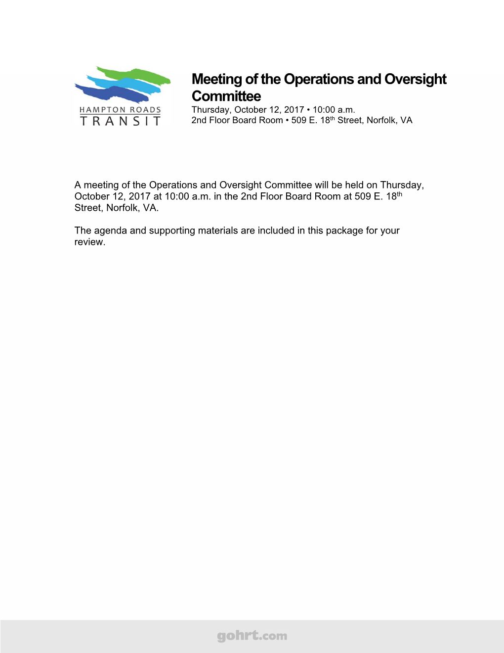 Meeting of the Operations and Oversight Committee Thursday, October 12, 2017 • 10:00 A.M