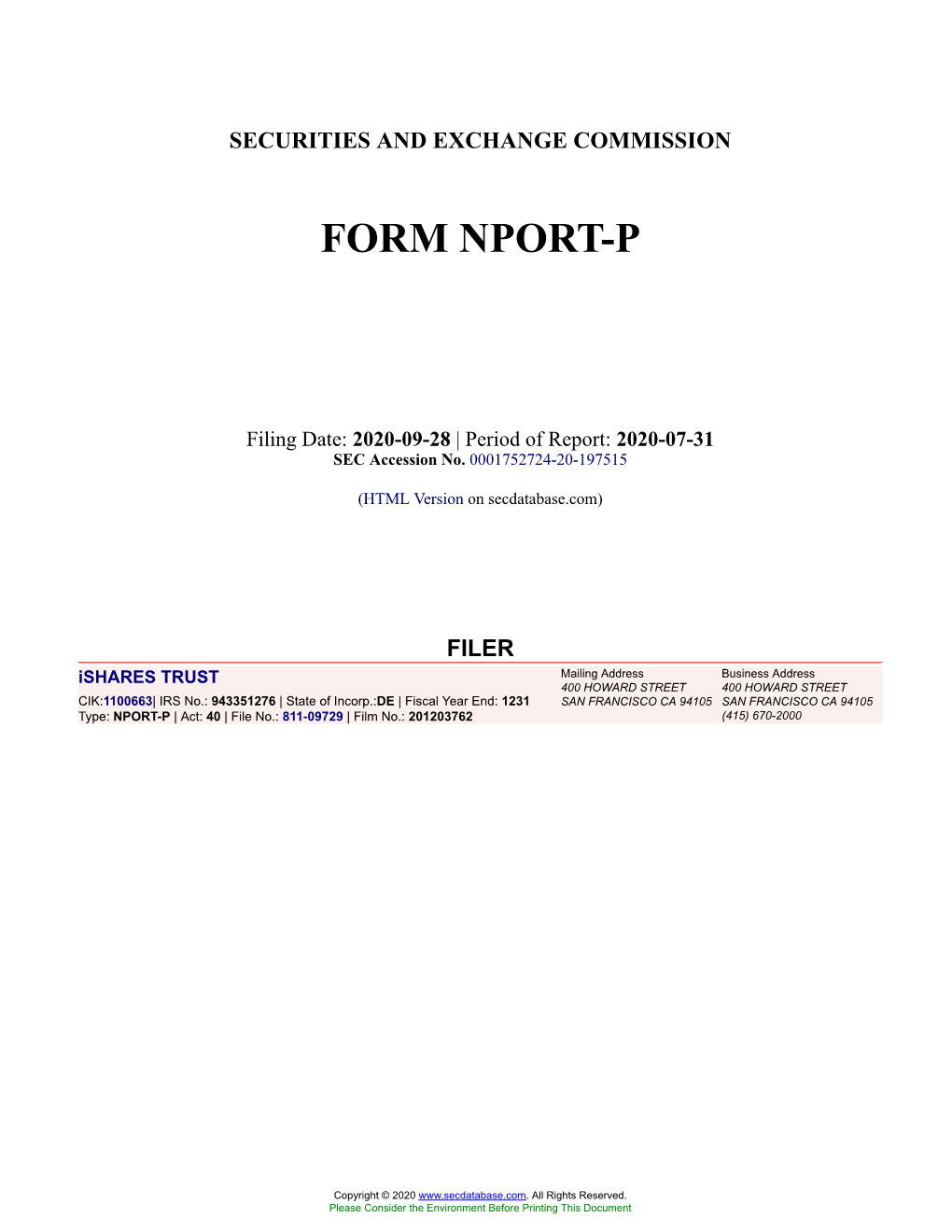 Ishares TRUST Form NPORT-P Filed 2020-09-28