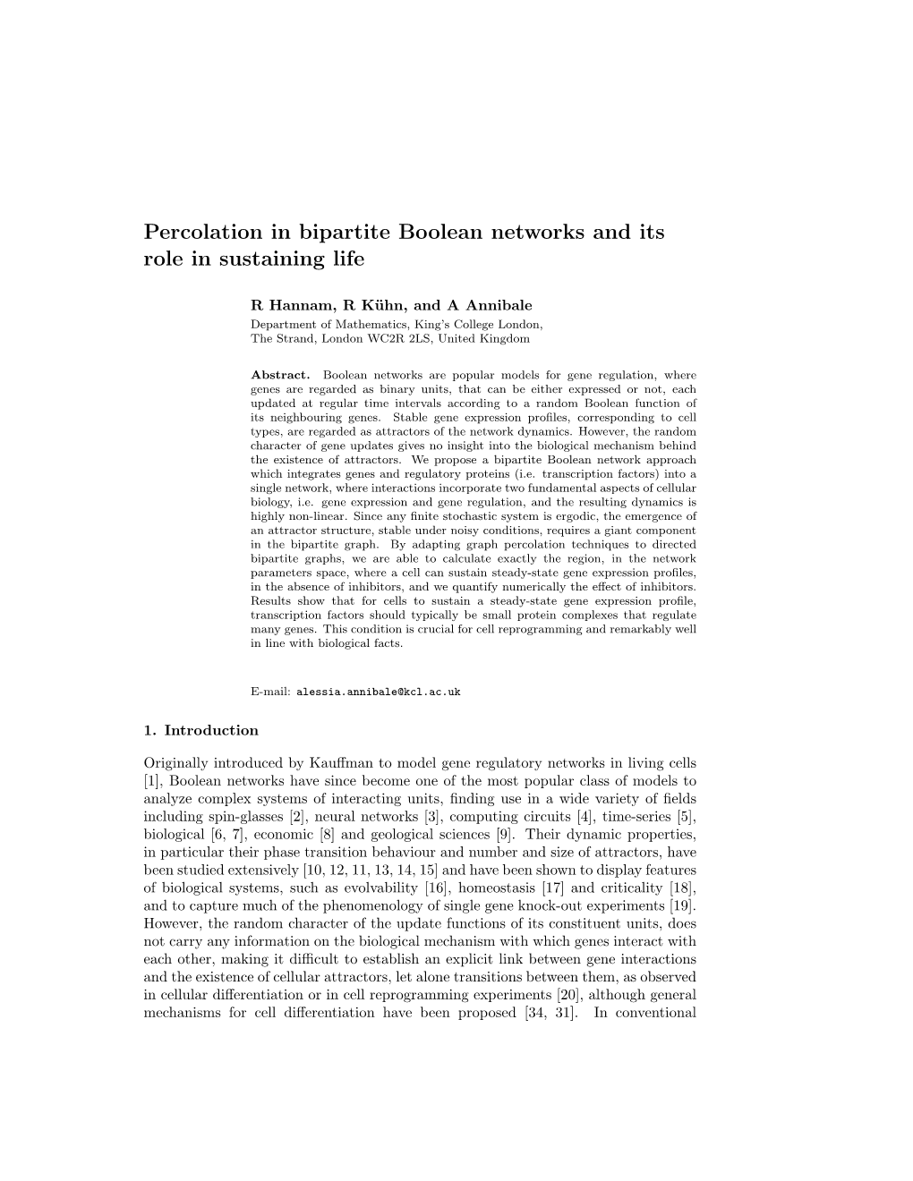 Percolation in Bipartite Boolean Networks and Its Role in Sustaining Life