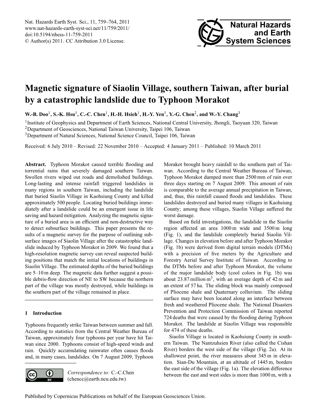 Magnetic Signature of Siaolin Village, Southern Taiwan, After Burial by a Catastrophic Landslide Due to Typhoon Morakot