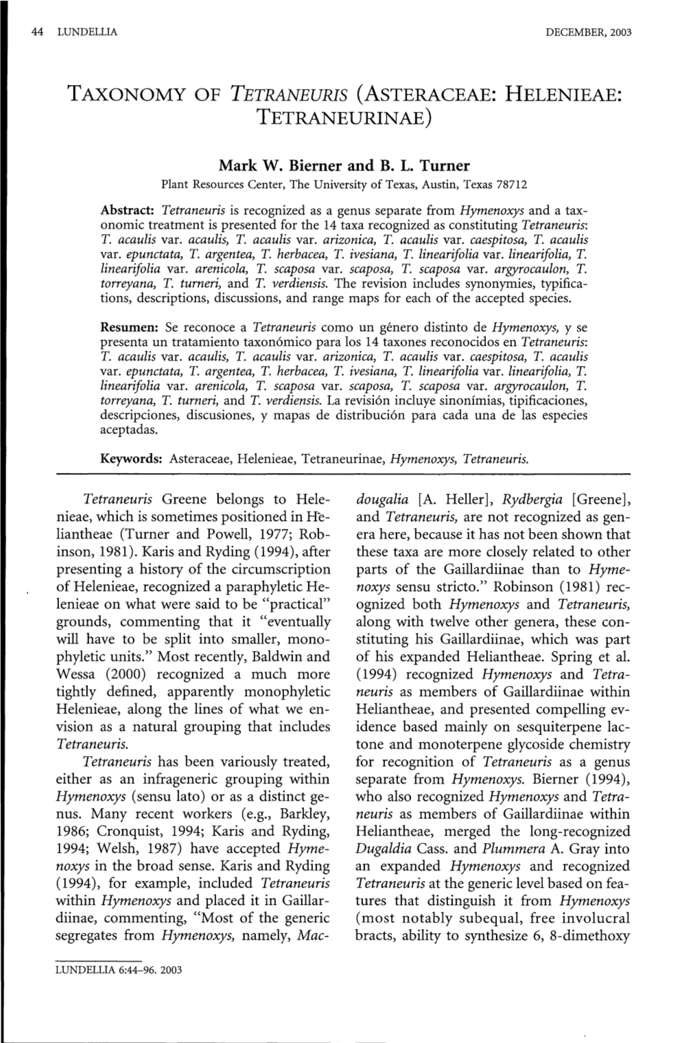 Taxonomy of Tetraneuris (Asteraceae: Helenieae: Tetraneurinae)