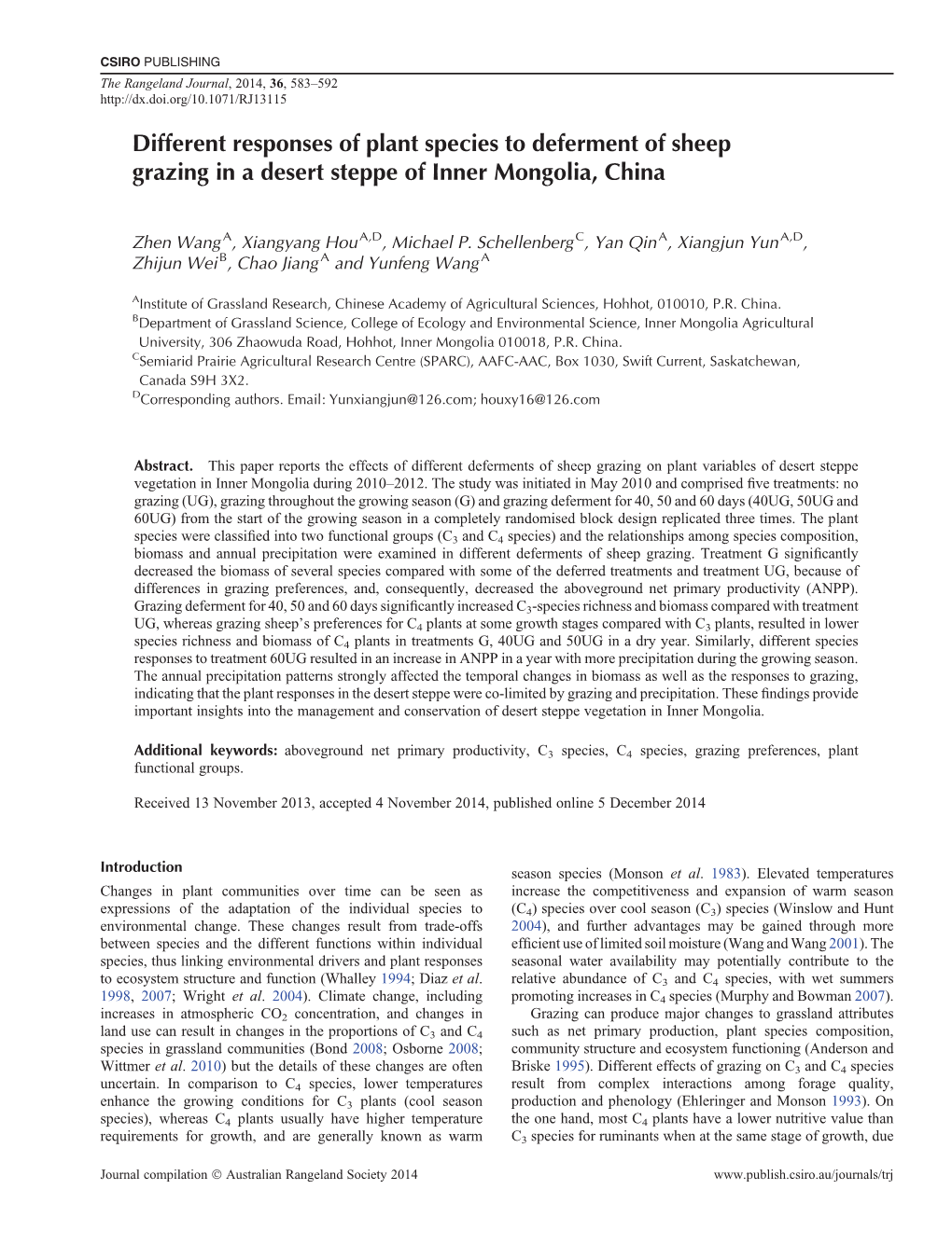 Different Responses of Plant Species to Deferment of Sheep Grazing in a Desert Steppe of Inner Mongolia, China