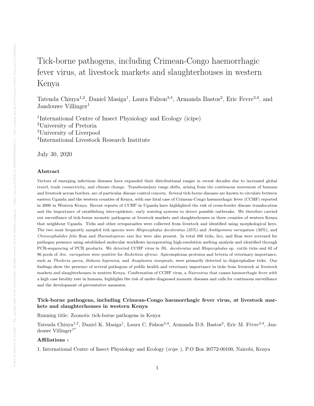 Tick-Borne Pathogens, Including Crimean-Congo Haemorrhagic