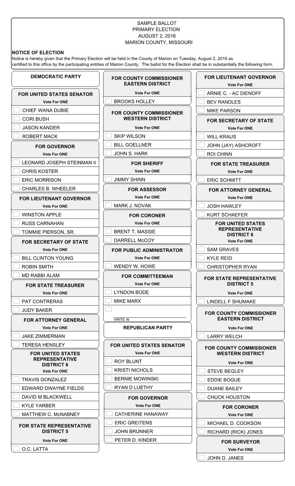 Primary Election August 2, 2016 Marion County, Missouri Sample Ballot Notice of Election Democratic Party for United States Sena