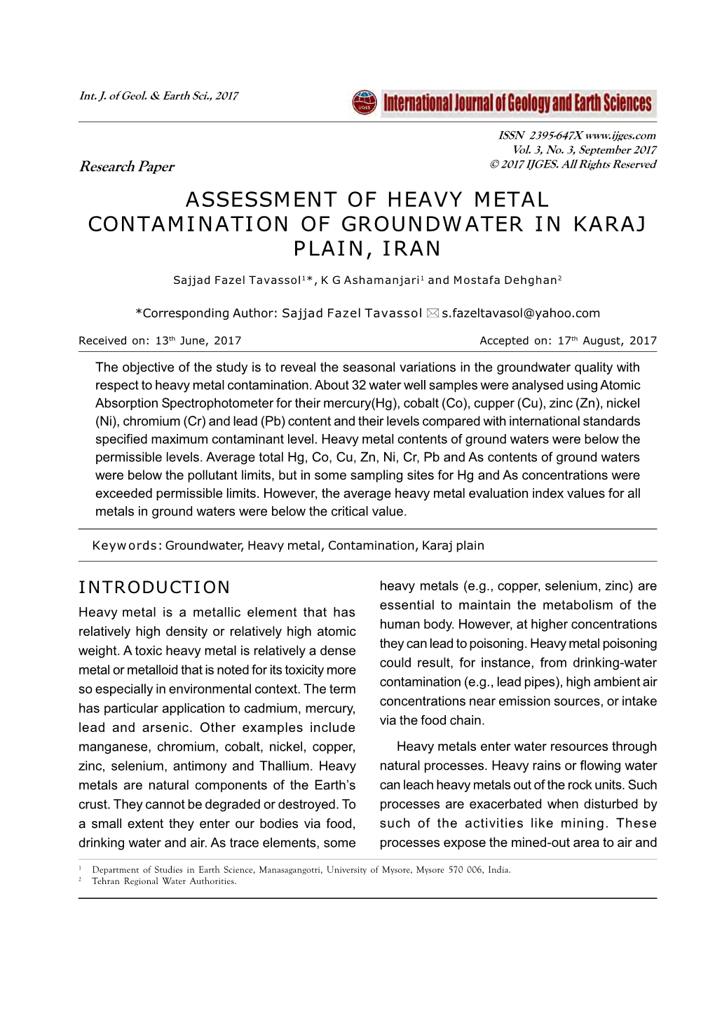 Assessment of Heavy Metal Contamination of Groundwater in Karaj Plain, Iran