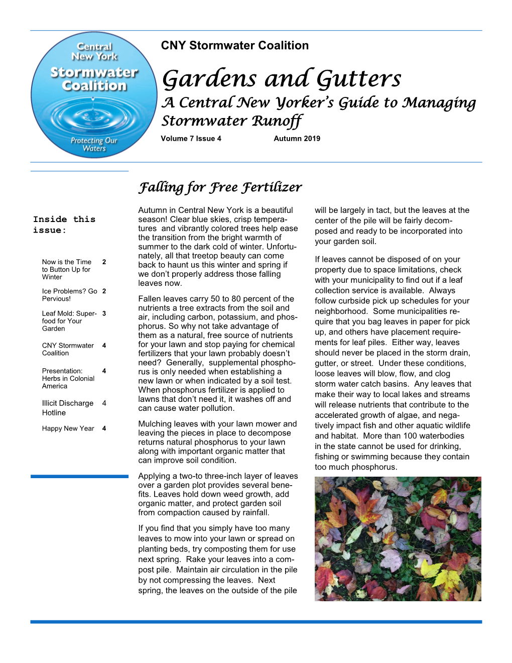 Gardens and Gutters a Central New Yorker’S Guide to Managing Stormwater Runoff Volume 7 Issue 4 Autumn 2019