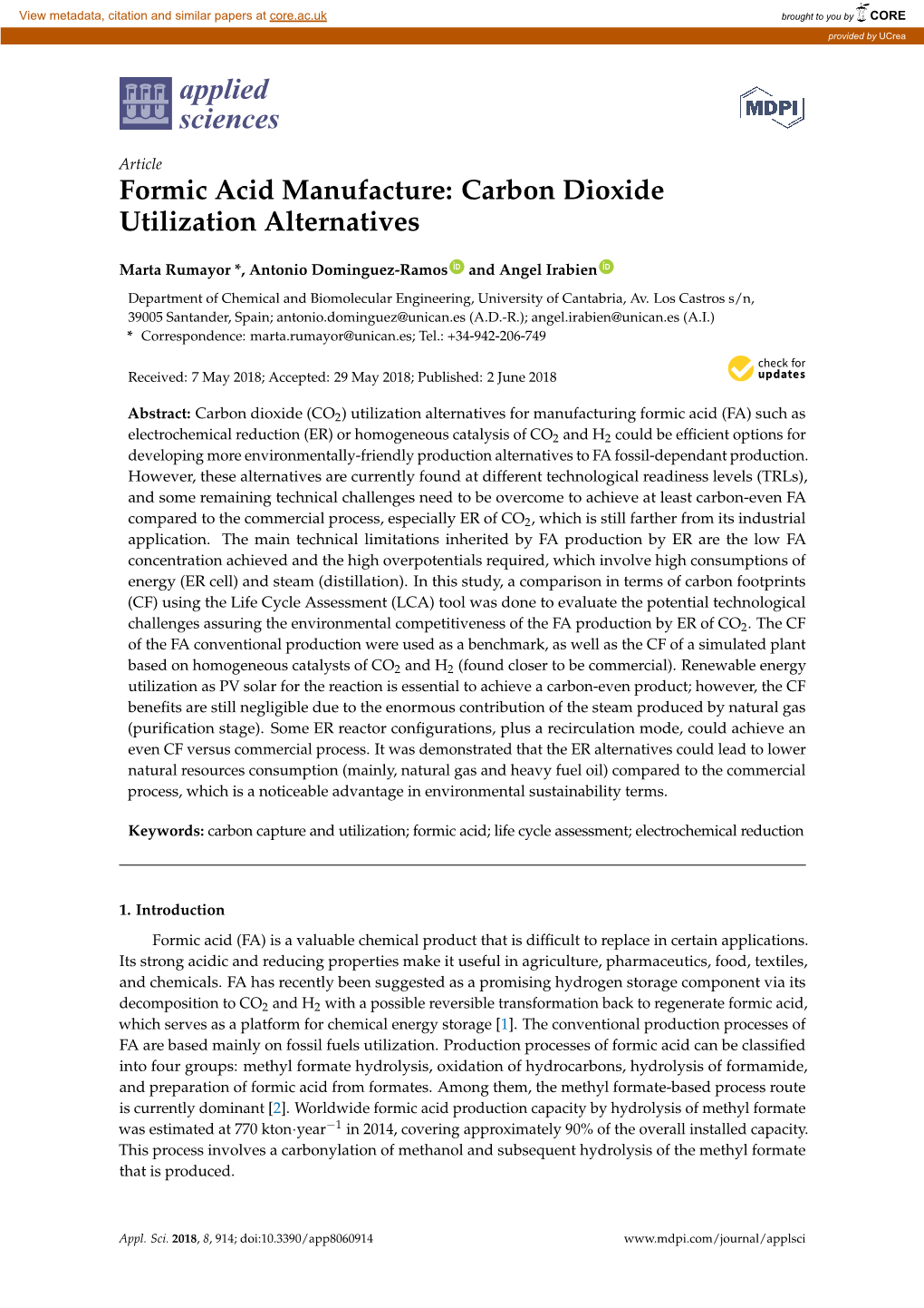 Formic Acid Manufacture: Carbon Dioxide Utilization Alternatives