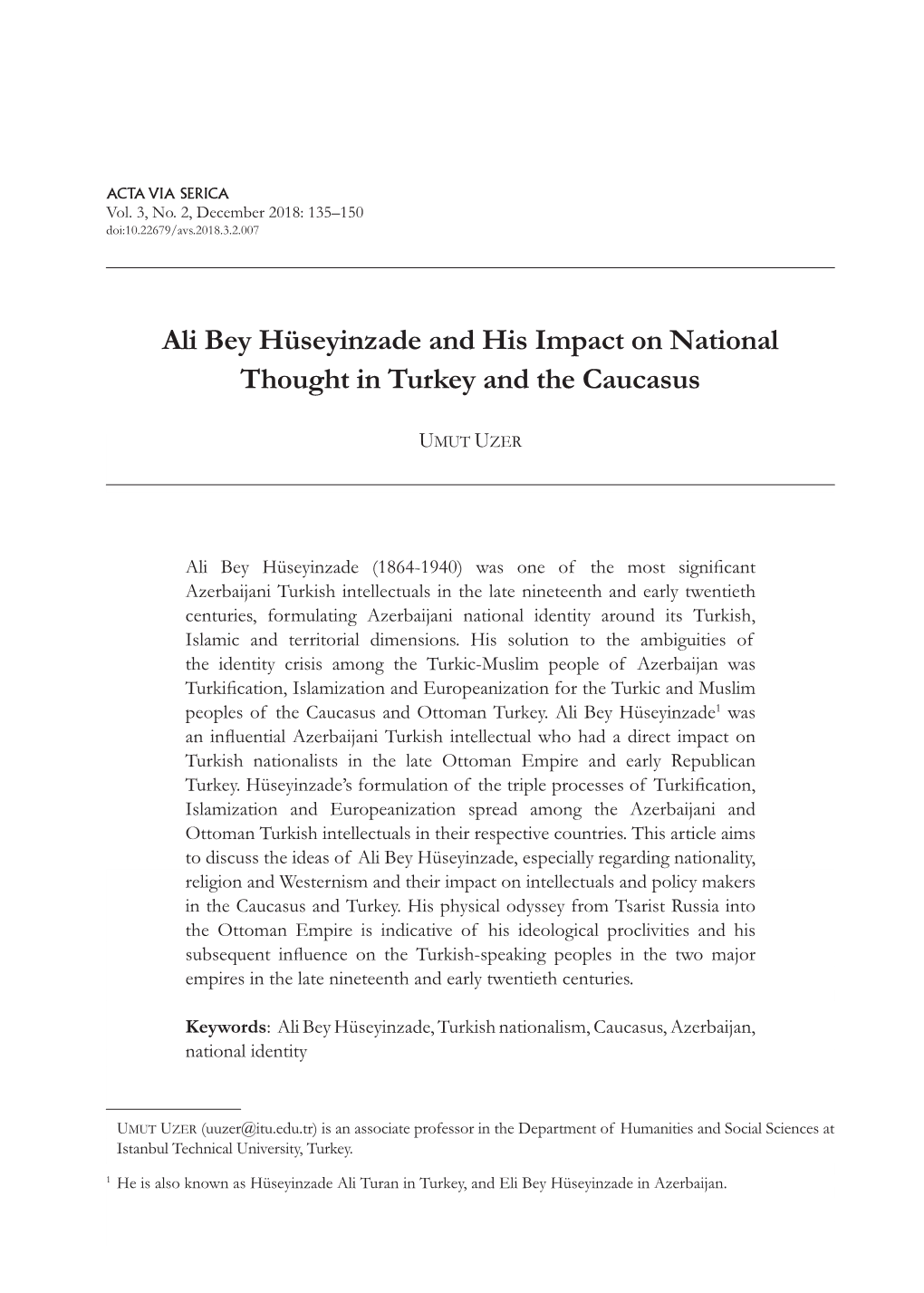 Ali Bey Hüseyinzade and His Impact on National Thought in Turkey and the Caucasus