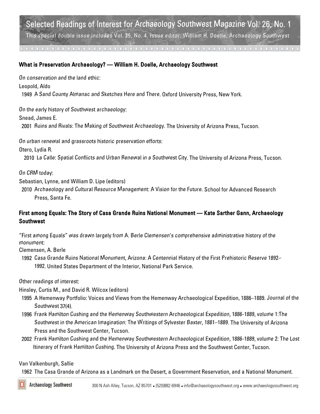 Selected Readings of Interest for Archaeology Southwest Magazine Vol